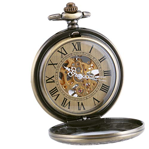 VATENZONE Steampunk Antiguo Medio Cazador mecánico Mano-Viento Bronce Ver a través de la Lupa Caso Vintage Esqueleto Reloj de Bolsillo para Hombres