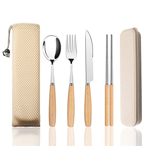 Lehoo Castle Cubiertos Para Llevar, 4 Piezas Estuche Cubiertos de Cuchillo, Tenedor, Cuchara, Palillos, Cubiertos viaje, Cubiertos Camping Acero Inoxidable, Set de Cubiertos con Mango de Madera