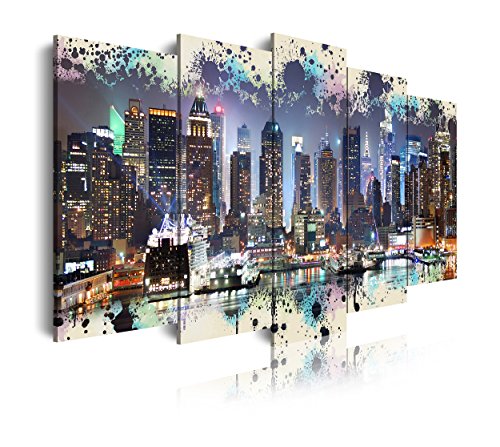 DekoArte 276 - Cuadros Modernos Impresión de Imagen Artística Digitalizada | Lienzo Decorativo para Tu Salón o Dormitorio | Ciudades Nueva York Skyline Manhattan Iluminado | 5 Piezas 200 x 100 cm XXL