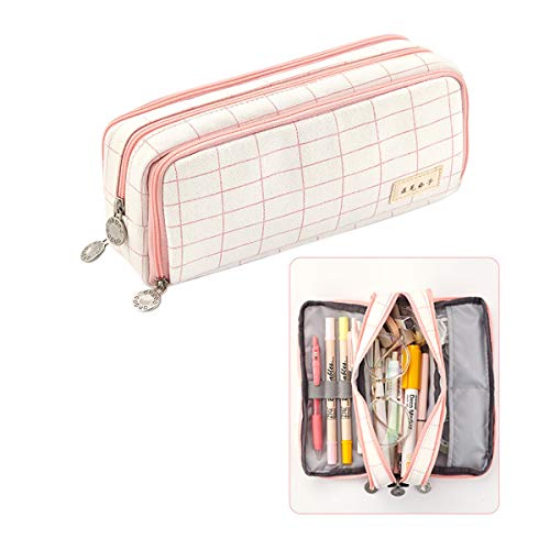 iSuperb Estuche de lápices Gran Multifuncional Pencil Case estuche de papelería para niñas Estudiante Plumier Lápices Bolsa (Plaid Pink C)