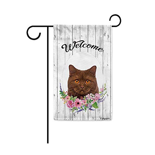 Kxxhvk Bienvenido Primavera Verano Flores Pretty British Shorthair Cat Bandera de jardín Decorativa Precioso Gatito Floral Estacional Decoración del hogar Banner