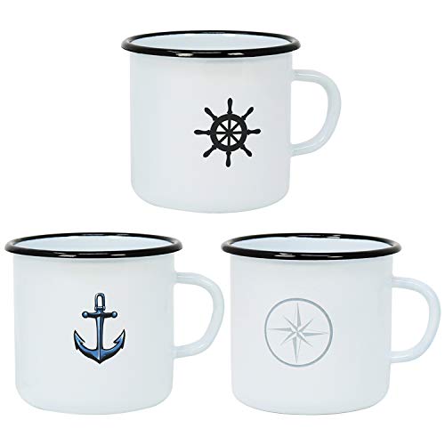 com-four® Tazas Decorativas esmaltadas 3X de Acero esmaltado en 3 diseños marítimos Diferentes - Taza de café para Exteriores y campamentos - 350 ml