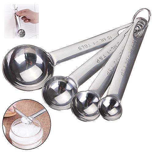 Xkfgcm Juego de 4 Ucharas Medidoras y Regla de Medición Tazas de Medición de Acero Inoxidable y Cuchara con Clip para Medir Líquidos y Los Ingredientes Secos Aptas Lavavajillas(1.25/2.5/5 /15 mL)