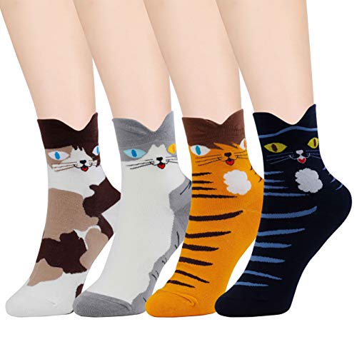 HONGXIN-SHOP Calcetines de Mujer Coloreados Algodón Calcetines Patrón de Gato Adulto Unisex Calcetines Térmicos 4 Pairs