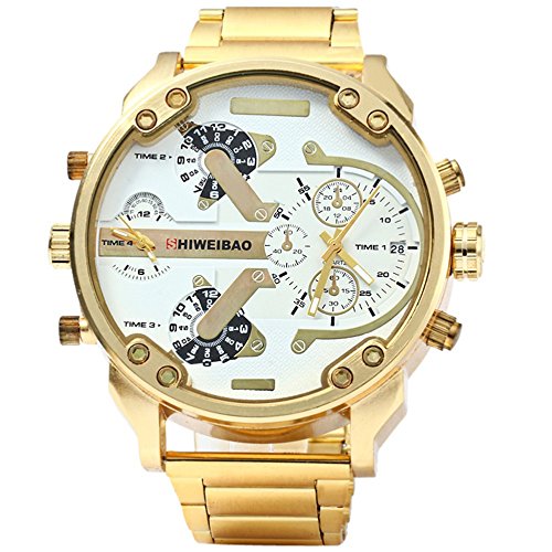 FENKOO Hombre Militar Reloj Quartz Calendario/Tiempo Dual Zonas Acero Inoxidable Banda Reloj de Pulsera Oro (Bronce)