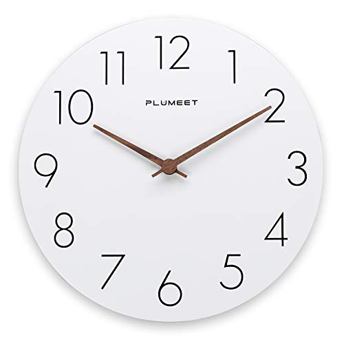 Plumeet Reloj de Pared de Madera de 30cm Reloj de Pared sin Marco con Movimiento Silencioso de Cuarzo - Reloj Blanco de Estilo Simple Moderno Decoración de la Sala Cocina - Alimentado por Batería