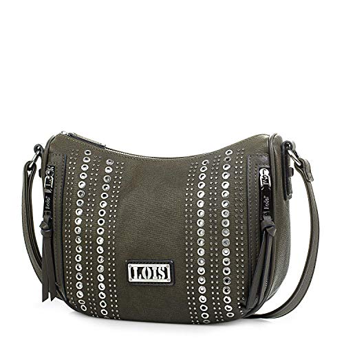 Lois - Bolso pequeño Bandolera para Mujer Tipo góndola. Bolsillos Delante y detrás. Cuero PU y Remaches. Ideal para Diario. y Funcional. Marca diseño y Calidad. 94456, Color Oliva