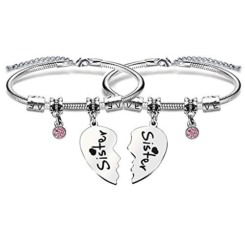 Juego de 2 pulseras de corazón roto para hermanas, con cristales, joyería para mujer, regalo para hermanas y amigas