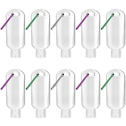 10Pcs Botella Recargable Vacía Botellas de Almacenamiento con Llavero, Recipiente Cosmético Portátil de Plástico Transparente de Viaje (50 ml)