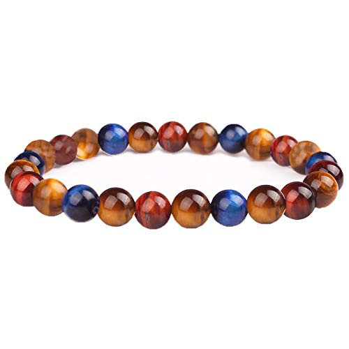 ARMONY Pulsera de Protección Triple, Nueva Marca Francesa Piedras Naturales Reales Perla 10 mm y 8 mm Ojo De Tigre Amarillo Rojo y Azul Hombre Mujer Bolsa de Terciopelo Ofrecido