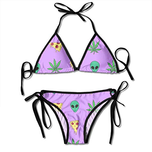 Bikini para Mujer con Vendaje Marihuana Pizza Extraterrestres Halter Trajes de Baño Traje de Baño de Dos Piezas