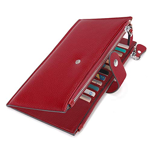 Cartera de Mujer de Cuero Genuino, YALUXE Monedero Largo Grande Cartera RFID Billetera de Cremallera Bloqueo Tarjeteros y Fundas con Bolsillo para Celular Rojo