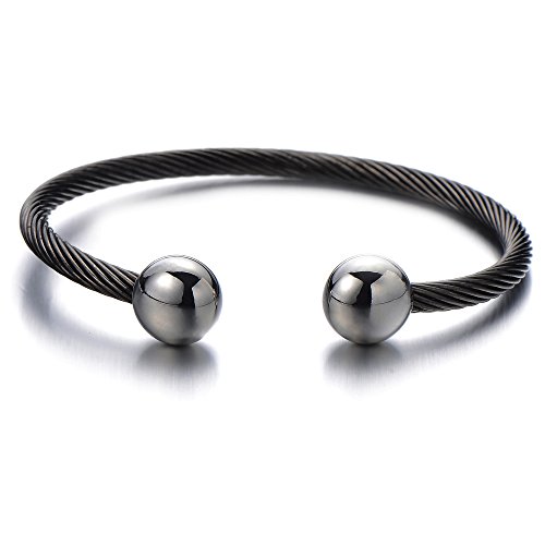 COOLSTEELANDBEYOND Elástica Ajustable Pulsera de Hombre, Brazalete de Acero Inoxidable, Cable de Acero, Negro Plata Dos Tonos, Espejo Pulido