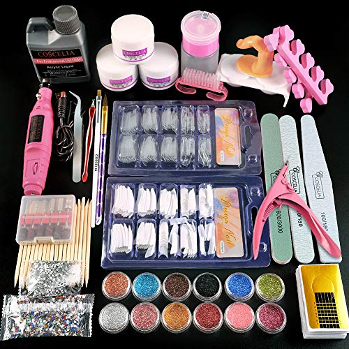 Coscelia Kit de Uñas Acrílicas Uñas Postizas Kit Completo Accesorio para Manicura Limas de Uñas Máquina de Taladro de Uñas Portátil Herramiento para DIY Uñas Arte