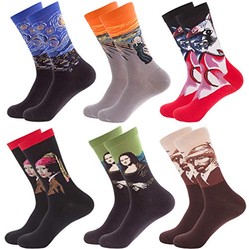 Divertidos calcetines coloridos para hombre, calcetines de algodón de estampados alegres con diseño innovador, estilo informal, 6 pares