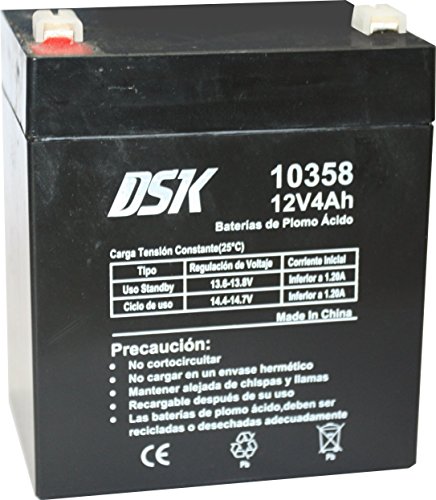 DSK 10358 - Batería Recargable de Plomo Ácido de 12 V y 4 Ah Ideal para Juguetes Eléctricos para Niños como Motos y Scooters Eléctricos, Sistemas de Alarma, Señalización y Luces de Emergencias, Negro