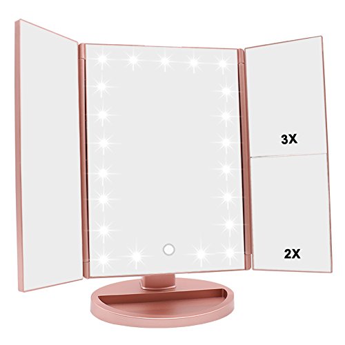 Espejo Maquillaje, WEILY Espejo Cosmético,Luz ajustable con LED, con la ampliación 1X/2X/3X, Rotación ajustable de 180 °, fuente de alimentación doble, espejo cosmético encimera (Oro rosa)