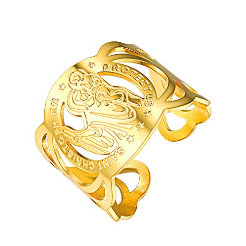 FaithHeart Santo Patrón Católico Anillo de San Cristóbal Dorado para Familia Anillo Ancho Ajustable Religioso