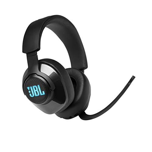 JBL Quantum 400 Auriculares para gamers con un diseño llamativo, tecnología de virtualización surround y reproducción DTS, color negro