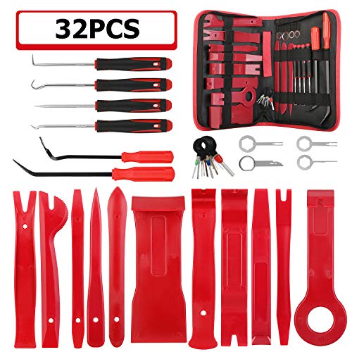 Kohree Herramientas Kit Desmontar Coche, 32 PCS Desmontaje/Eliminación Kit Herramienta de Desmontaje con Pinzas de Clip de Sujeción, para Desmontar el Audio de Coche y Extraer Tapicerías de Vehículos