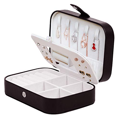 LAVSS Pequeña Cajas para Joyas Joyero,Viaje Portátil Joyero con Espejo,Organizador de Joyas para Mujer para Collares,Pulseras,Anillos,Pendientes(Negro)