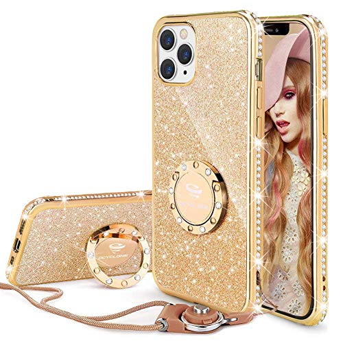 OCYCLONE Funda para iPhone 12 Pro/iPhone 12 MAX, Cristal Rhinestone Glitter Bling Brillante Diamante Protector Case con Soporte Ring Stand de Grados Carcasa para iPhone 12 Pro/MAX 6.1" - Oro