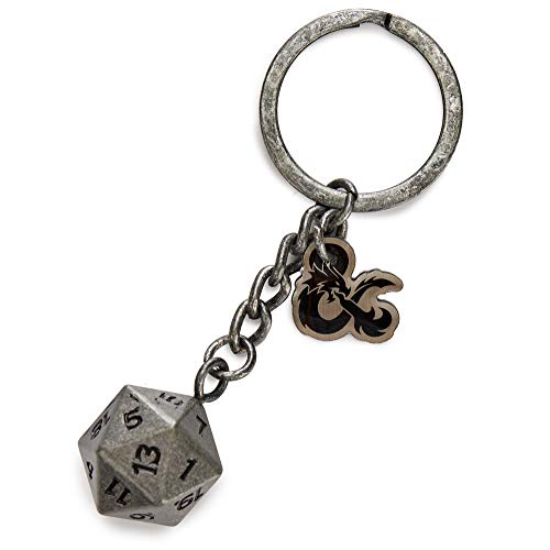 Paladone- Llavero de Dados D20 con diseño de Mazmorras y Dragones, 20 Caras, fanáticos, Coleccionable, Plata (PP6643DD)