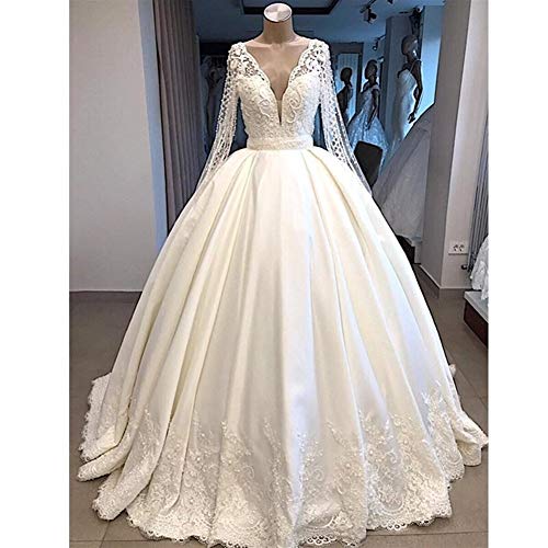 QING XIN-1225 Wedding Dress,Prom Dresses del Banquete de Manga Larga Vestido de Novia Nuevo V-Cuello Vestido de Novia árabe Dubai Larga Evening Dresses (Color : White, US Size : 10)