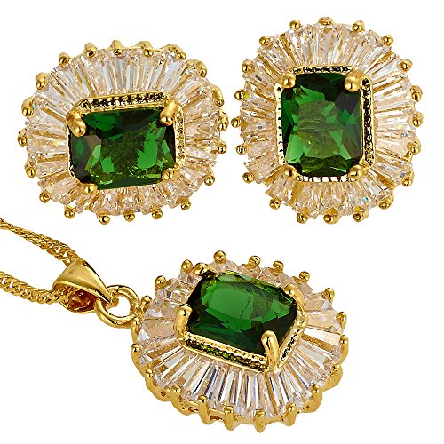 Rizilia Conjunto de Joyas Colgante con 45cm(18") Cadena & Stud Pendientes Corte Rectangular Piedras Preciosas Circonita CZ [Esmeralda Verde] en 18K Chapado en Oro Amarillo, Elegancia Moderna