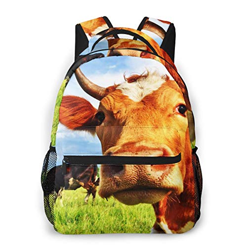 RTUBNSD Mochila Escolar Niño Chico Chica, Cabeza De Ganado Vaca contra Pasto Casual Mochilas Portatil 14 Pulgadas para Juveniles Adolescentes