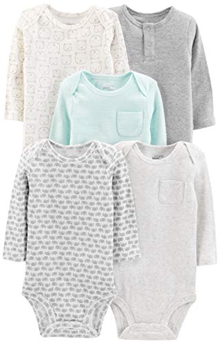 Simple Joys by Carter's Baby - Body de manga larga para bebé (5 unidades) ,Gris/Azul (Grey/Blue Stripe) ,12 Meses