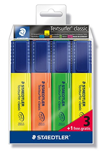 Staedtler Textsurfer Classic 364-S WP4P - Estuche promocional con 3 marcadores fluorescentes en colores surtidos + 1 marcador fluorescente color amarillo, Multicolor