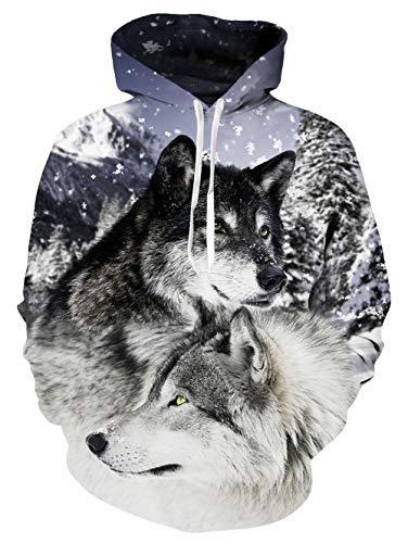 Sudadera con capucha unisex 3D, realista, de forro polar con bolsillo de canguro para hombre, mujer, adolescentes, de UNIFACO Gris Lobo 3 L