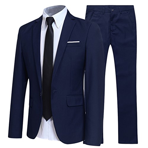 Traje de 2 piezas para hombre compuesto por chaqueta y pantalones, ajuste estrecho, para boda, cena,negocios, casual, disponible en 10 colores Azul azul marino M