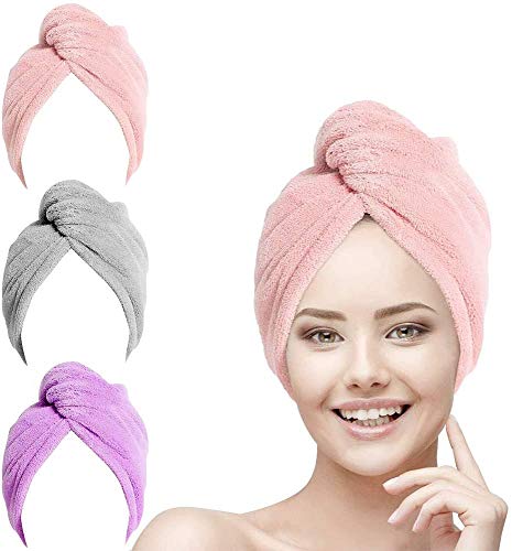 URAQT Toallas para Secar el Pelo 3pcs, Toalla Turbante para el Pelo, Cabello Turbante de Secado rápido Coral Fleece con Botón del Abrigo, para en EUR Ducha, SPA, Maquillaje, (Gris, Rosado, Púrpura)