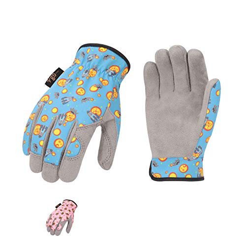 Vgo 2 Pares 6-7 Edad Guantes para Niños de Cuero Sintético Suave para Trabajo Liviano, Jardinería, Alta Destreza, Transpirabilidad, Cómodo (Talla L, Azul & Rosa, KID-MF7362)