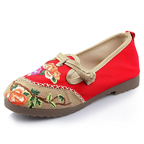 Zapatos Bordados Mujer Zapatos de Lino étnicos Retros del Estilo de la Primavera (Color : Rojo, Tamaño : US:7\UK:6\EUR:39)