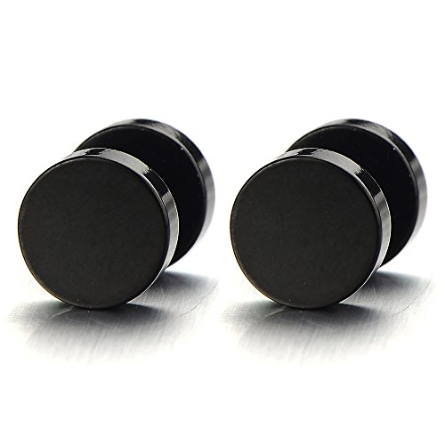 10MM Círculo Negro, Enchufe falso Fake Plug, Pendientes de Hombre, Aretes, Acero Inoxidable, 2 Piezas