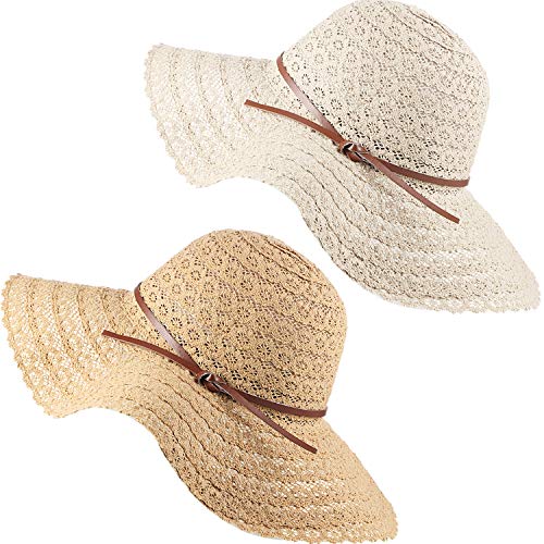 2 Piezas Sombreros de Verano de ala Ancha de Mujer Sombrero de Sol Enrollable de Playa Sombrero Plegable de Viaje Flexible de Encaje