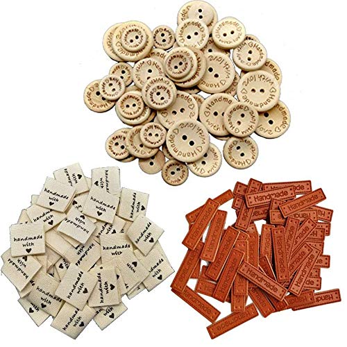 (300 Pcs)100 Pcs Botones Redondos de Madera Handmade with Love Amor+100 Etiquetas de Cuero PU Handmade con Agujeros+100 Etiquetas de Tela Handmade With Love Botones de Madera de Amor para Ropa Costura