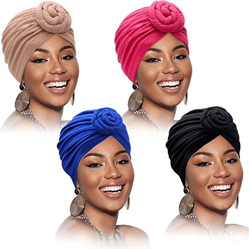 4 Piezas Headwrap de Patrón Africano Capo Preatado Spmbrero Gorro de Beanie de Turbante Nudo(Color Puro)