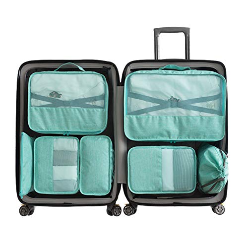 7 Set de Organizador de Equipaje-3 Cajas de Cubos + 2 Pouches+ 1 Ropa de baño + 1 Saco de Zapatos（Green）