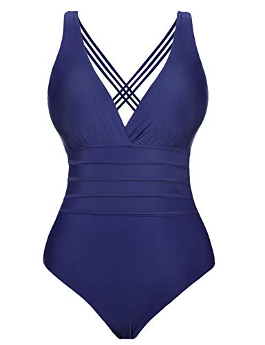 Aibrou Bañadores Mujer 2020 Trajes de Baño de Una Pieza Correas traseras Vendaje Bañadores Sexys Cuello en V Profundo Playa Monokini, (Azul Marino, XXL)