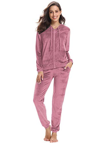 Aibrou Chandal Terciopelo Conjunto Chandal de Mujer Sudadera  con Cremallera y Capucha,Chándal de Completo Chándal Invierno Conjunto Deporte Conjunto Pijamas (Rosa, XS)