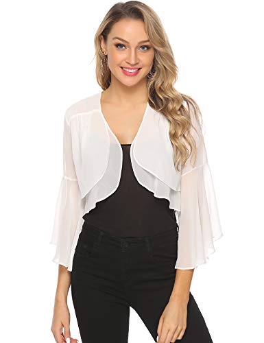 Aibrou Torera para Mujer Ruffle Manga Chiffon Bolero Shrug Frente Bolero Cardigan Camiseta Casual tee Tops Cárdigan de Gasa,Fiesta de Bodas Chaqueta Corta Verano,Mantón de Vacaciones,(Blanco, S)