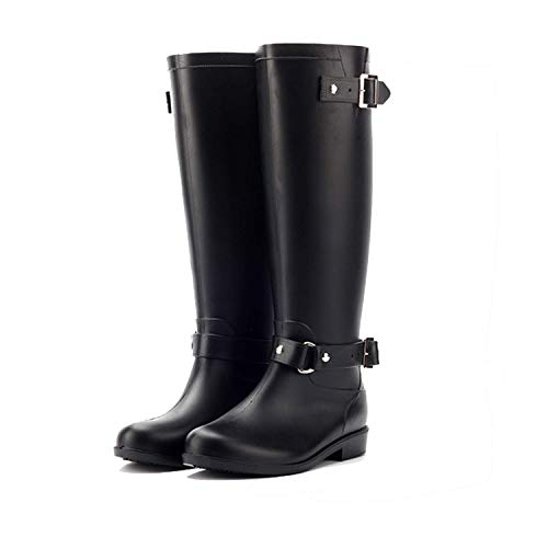 AONEGOLD Botas de Agua Mujer Lluvia Altas Zapato Impermeables Ajustable Cremallera y Hebilla Goma Botas Wellington(Negro 2,39 EU)