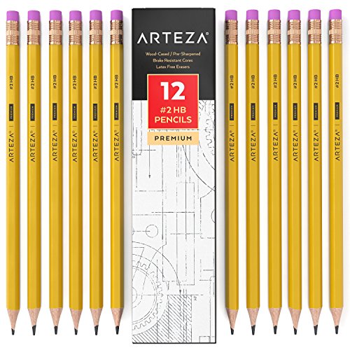 Arteza #2 HB Wood Cased Graphite Pencils with Rubbers, Bulk Pack of 12, Pre-Sharpened with Latex Free Rubbers, for School, Office, Writing, Drawing and Sketching