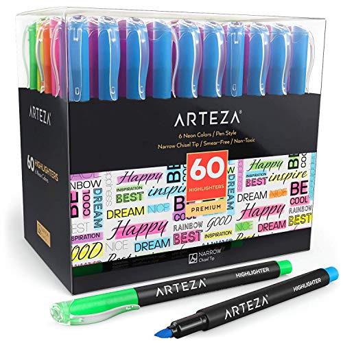 Arteza Subrayadores fluorescentes | Juego de 60 | Pack a granel | 6 colores | Resaltadores fosforescentes con punta biselada estrecha | Tinta no tóxica | para el hogar, la escuela o la oficina