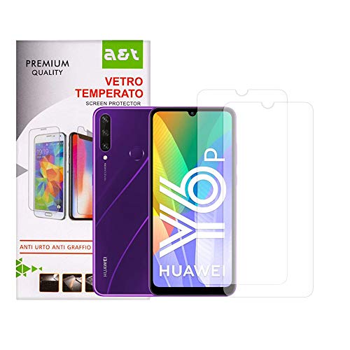 A&T - Cristal templado para Huawei Y6P antiarañazos - Protege la pantalla sin burbujas - Fácil de abrir - 2 piezas + 1 funda transparente antideslizante suave y lavable que protege de caídas