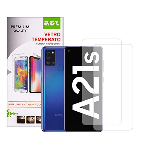 A&T - Cristal templado para Samsung Galaxy A21s antiarañazos - Protege la pantalla sin burbujas - Fácil de abrir - 2 piezas + 1 funda transparente antideslizante suave y lavable que protege de caídas